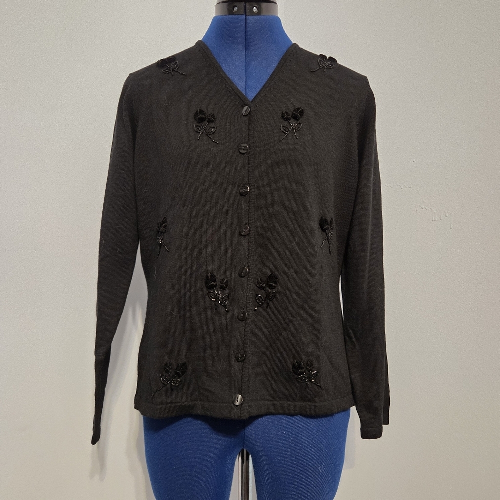 Vintage Black Floral Embroidered Cardigan Size PM